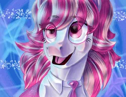 Size: 1300x1000 | Tagged: safe, artist:banco, derpibooru import, horse, blue background, candi (wild manes), colored, female, image, png, simple background, smiling, solo, solo female, white coat, wild manes