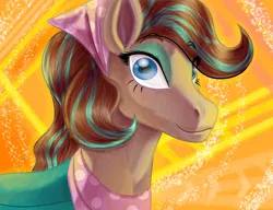 Size: 1300x1000 | Tagged: safe, artist:banco, derpibooru import, horse, blue eyes, brown coat, brown mane, cocoa (wild manes), female, image, looking at you, makeup, png, saddle, simple background, smiling, smiling at you, solo, solo female, tack, wild manes, yellow background