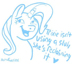 Size: 1338x1185 | Tagged: safe, artist:azira faerinx, derpibooru import, trixie, pony, unicorn, g4, bust, edgy, edgy as fuck, horn, image, joke, meme, open mouth, open smile, png, portrait, shitposting, smiling, solo