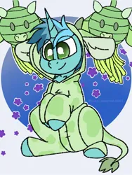 Size: 1536x2048 | Tagged: safe, artist:anxioussartist, derpibooru import, oc, oc:minty breeze, unofficial characters only, pony, unicorn, clothes, costume, horn, image, jpeg, kigurumi, male, onesie, solo, stallion