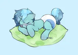 Size: 3507x2480 | Tagged: safe, artist:kirari_chan, derpibooru import, oc, oc:minty breeze, unofficial characters only, pony, unicorn, abdl, adult foal, diaper, horn, image, male, non-baby in diaper, png, simple background, solo, stallion