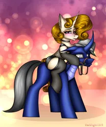 Size: 2360x2830 | Tagged: safe, artist:darklight1315, derpibooru import, oc, oc:alexia, oc:carnax, unofficial characters only, changedling, changeling, pony, unicorn, birthday gift, blushing, changeling oc, choker, clothes, couple, female, fishnet clothing, hat, horn, horny, image, leather, leather skirt, makeup, male, mare, png, reins, riding, skirt, socks, stallion, stockings, thigh highs