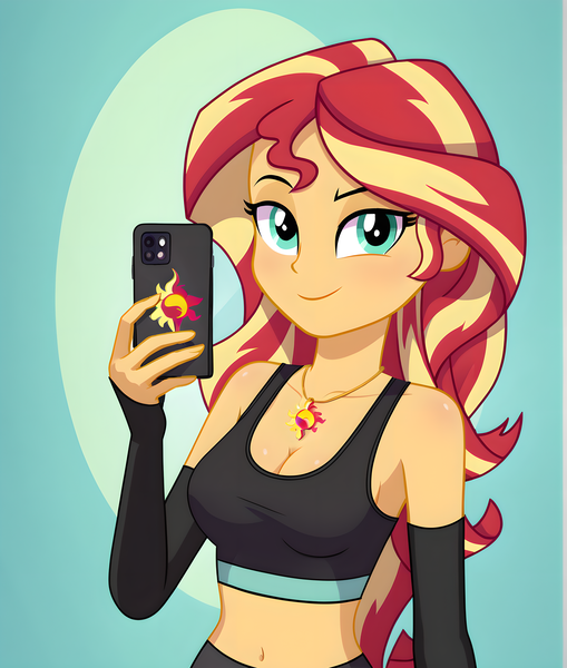 Size: 2816x3320 | Tagged: safe, ai content, derpibooru import, machine learning generated, prompter:thismaybeyou, stable diffusion, sunset shimmer, human, equestria girls, g4, abstract background, clothes, detached sleeves, generator:pony diffusion v6 xl, image, mobile phone, phone, png, selfie, smartphone, smiling, solo, sports bra