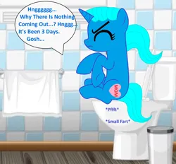 Size: 2320x2152 | Tagged: suggestive, artist:memeartboi, derpibooru import, ponified, pony, unicorn, g4, bathroom, but why, constipated, eyes closed, female, grunt, grunting, horn, image, imminent flush, implied farting, implied pooping, indoors, mare, mother, nicole watterson, onomatopoeia, png, pushing, sitting, sitting on toilet, solo, solo female, sound effects, speech bubble, struggle, struggling, text, the amazing world of gumball, toilet, toilet humor, towel, trash can, unicorn horn