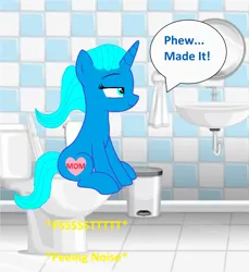 Size: 2296x2512 | Tagged: suggestive, artist:memeartboi, derpibooru import, ponified, pony, unicorn, g4, bathroom, but why, female, heart, heart cutiemark, horn, image, imminent flush, implied peeing, implied pissing, implied urination, implied urine, indoors, mare, mother, nicole watterson, onomatopoeia, png, relaxed, relief, relieved, sink, sitting, sitting on toilet, solo, solo female, sound effects, speech bubble, text, the amazing world of gumball, toilet, toilet humor, towel, trash can, unicorn horn