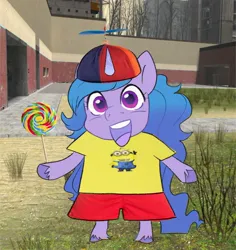 Size: 1286x1364 | Tagged: safe, artist:aztrial, derpibooru import, izzy moonbow, pony, unicorn, g5, bipedal, candy, female, food, hat, horn, image, jpeg, lollipop, looking at you, mare, propeller hat, smiling, smiling at you, solo