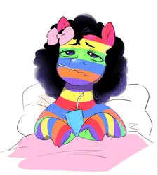 Size: 1198x1330 | Tagged: safe, artist:aztrial, derpibooru import, oc, unofficial characters only, earth pony, pony, bed, bow, frown, hair bow, image, jpeg, juice, juice box, lidded eyes, on bed, rainbow stripes, simple background, solo, unshorn fetlocks, white background