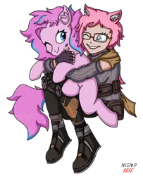 Size: 810x996 | Tagged: safe, artist:nismorose, derpibooru import, oc, oc:materlia harvest, unofficial characters only, earth pony, human, pony, cat ears, cheek fluff, clothes, ear fluff, female, freckles, glasses, gloves, highlights, hug, hug from behind, hugging a pony, image, knee pads, mare, pink body, pink hair, pink mane, png, scarf, signature, simple background, sweater, transparent background