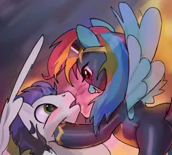 Size: 978x882 | Tagged: safe, artist:vondsketch, derpibooru import, rainbow dash, soarin', g4, blushing, clothes, embrace, female, flying, goggles, image, imminent kissing, jpeg, male, shipping, soarindash, straight, uniform, wonderbolts, wonderbolts uniform