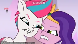 Size: 1280x720 | Tagged: safe, derpibooru import, screencap, pipp petals, zipp storm, pegasus, pony, g5, my little pony: tell your tale, leak, spoiler:g5, spoiler:my little pony: tell your tale, spoiler:tyts02e25, abstract background, angry, cheek to cheek, diadem, duo, female, folded wings, furrowed brow, hey foal sister, image, jewelry, jpeg, lip bite, looking at each other, looking at someone, mare, physique difference, regalia, royal sisters (g5), siblings, sisters, wings, youtube thumbnail