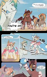 Size: 2520x4096 | Tagged: safe, artist:devi_shade, derpibooru import, oc, oc:riptide break, oc:sea spray, oc:shoreline bay, oc:swift perch, unofficial characters only, bat pony, earth pony, pegasus, bat pony oc, bat wings, beach, comci:fun in the sun, comic, competition, earth pony oc, image, pegasus oc, png, sports, volleyball, wings