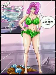 Size: 3000x4000 | Tagged: safe, artist:iloveladies2, artist:riiefu, derpibooru import, pinkie pie, human, fanfic:equestria girls n' goblins, female, humanized, image, jpeg, leaf bikini, solo, stripped by magic, tornado