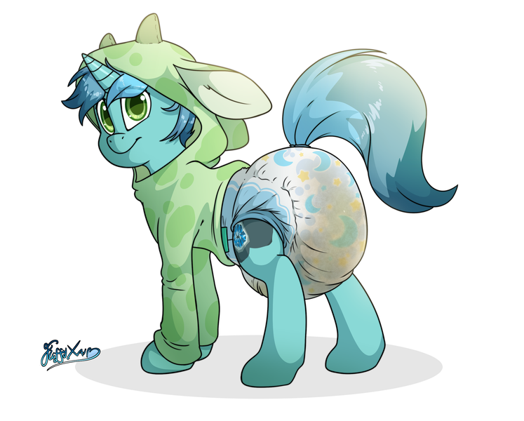 Size: 3186x2560 | Tagged: questionable, alternate version, artist:fluffyxai, derpibooru import, oc, oc:minty breeze, pony, unicorn, abdl, adult foal, bashful, blushing, clothes, diaper, diaper fetish, fetish, high res, hoodie, horn, image, male, messy diaper, non-baby in diaper, png, poofy diaper, smiling, wet diaper