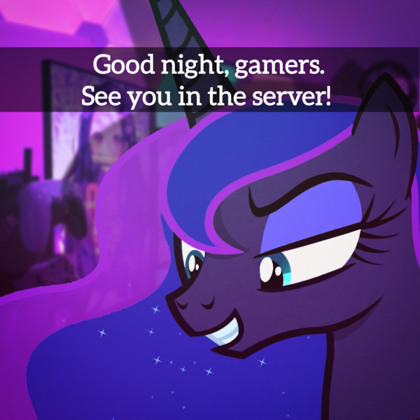 Size: 2048x2048 | Tagged: safe, artist:trrrebleee, derpibooru import, edit, princess luna, alicorn, pony, gamer luna, g4, anime, caption, controller, female, gaming, gaming headset, headset, image, mare, meme, monitor, png, real life background, room, snapchat, solo, text