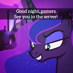 Size: 2048x2048 | Tagged: safe, artist:trrrebleee, derpibooru import, edit, princess luna, alicorn, pony, gamer luna, g4, anime, caption, controller, female, gaming, gaming headset, headset, image, mare, meme, monitor, png, real life background, room, snapchat, solo, text