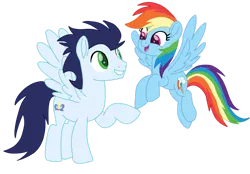 Size: 1280x890 | Tagged: safe, artist:soarindasher10, derpibooru import, rainbow dash, soarin', pegasus, pony, female, flying, image, looking at each other, looking at someone, male, mare, png, shipping, simple background, smiling, smiling at each other, soarindash, stallion, straight, transparent background