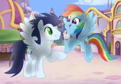 Size: 1280x890 | Tagged: safe, artist:soarindasher10, derpibooru import, rainbow dash, soarin', pegasus, pony, female, flying, image, jpeg, looking at each other, looking at someone, male, mare, shipping, smiling, smiling at each other, soarindash, stallion, straight