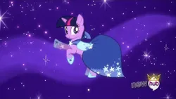 Size: 854x480 | Tagged: safe, derpibooru import, twilight sparkle, unicorn, g4, the best night ever, clothes, dress, female, gala dress, hub logo, image, jpeg, logo, my little pony, solo, the hub, unicorn twilight