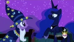 Size: 854x480 | Tagged: safe, derpibooru import, princess luna, twilight sparkle, unicorn, g4, luna eclipsed, clothes, costume, hub logo, image, jpeg, logo, my little pony, night, nightmare night, star swirl the bearded costume, the hub, unicorn twilight