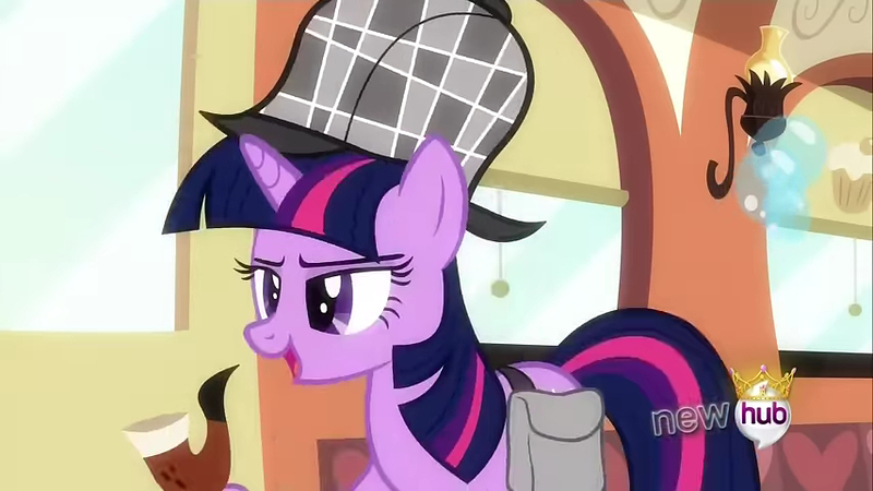 Size: 854x480 | Tagged: safe, derpibooru import, twilight sparkle, unicorn, g4, mmmystery on the friendship express, bag, bubble pipe, deerstalker, detective, female, hat, hub logo, image, jpeg, logo, my little pony, pipe, saddle bag, sherlock holmes, sherlock sparkle, solo, the hub, unicorn twilight