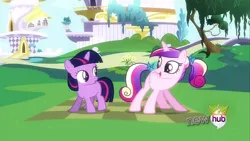 Size: 854x480 | Tagged: safe, derpibooru import, princess cadance, twilight sparkle, alicorn, unicorn, a canterlot wedding, g4, female, horn, hub logo, image, jpeg, logo, my little pony, teen princess cadance, the hub, unicorn twilight