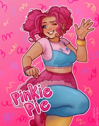 Size: 1280x1625 | Tagged: safe, artist:fulfisilly, derpibooru import, pinkie pie, human, alternate hairstyle, bracelet, breasts, clothes, cute, deviantart watermark, diapinkes, ear piercing, earring, female, grin, humanized, image, jewelry, jpeg, leggings, midriff, nail polish, obtrusive watermark, one eye closed, piercing, roller skates, shirt, skates, skirt, smiling, solo, watermark, wink, wristband