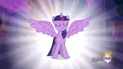 Size: 1280x720 | Tagged: safe, derpibooru import, twilight sparkle, twilight sparkle (alicorn), alicorn, g4, magical mystery cure, eyes closed, female, hub logo, image, jpeg, logo, my little pony, solo, the hub