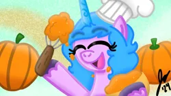 Size: 800x450 | Tagged: safe, artist:jesslmc16, derpibooru import, izzy moonbow, pony, unicorn, g5, baking, bowl, chef's hat, cooking, eyes closed, female, hat, holding, horn, image, mare, png, pumpkin, raised hoof, simple background, smiling, solo