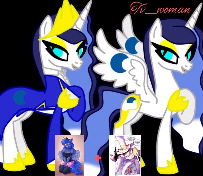 Size: 1280x1112 | Tagged: safe, artist:herobrine74, derpibooru import, alicorn, pony, g4, angel, armor, clothes, crossover, crown, dress, female, fusion, fusion:god (hazbin hotel), fusion:princess luna, god (hazbin hotel), hat, hazbin hotel, hellaverse, image, jewelry, jpeg, male, mare, regalia, smiling, solo, teeth, top hat, uniform