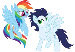 Size: 1280x890 | Tagged: safe, artist:soarindasher10, derpibooru import, rainbow dash, soarin', pegasus, pony, duo, female, flying, image, looking at each other, looking at someone, male, mare, png, shipping, simple background, smiling, smiling at each other, soarindash, stallion, straight, transparent background