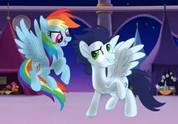 Size: 1280x890 | Tagged: safe, artist:soarindasher10, derpibooru import, rainbow dash, soarin', pegasus, pony, duo, female, flying, image, jpeg, looking at each other, looking at someone, male, mare, shipping, smiling, smiling at each other, soarindash, stallion, straight