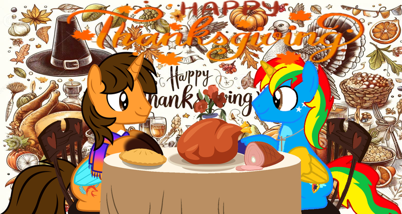 Size: 6165x3291 | Tagged: safe, artist:shieldwingarmorofgod, derpibooru import, oc, oc:ej, oc:shield wing, unofficial characters only, alicorn, bird, turkey, g4, food, ham, holiday, image, looking at each other, looking at someone, male, meat, png, pumpkin pie, table, thanksgiving