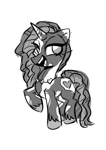 Size: 1450x2048 | Tagged: safe, artist:jully-park, derpibooru import, violette rainbow, pony, unicorn, g5, dreadlocks, female, filly, foal, grayscale, horn, image, jpeg, monochrome, open mouth, open smile, raised hoof, simple background, smiling, solo, unshorn fetlocks, vitiligo, white background