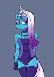 Size: 1240x1754 | Tagged: safe, artist:jully-park, derpibooru import, anthro, g5, auroricorn, choker, clothes, comet (g5), corset, crossdressing, femboy, glasses, gray background, horn, image, jewelry, jpeg, male, necklace, panties, simple background, smiling, socks, solo, tail, thigh highs, underwear