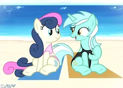 Size: 1778x1274 | Tagged: safe, artist:stephen-fisher, derpibooru import, bon bon, lyra heartstrings, sweetie drops, earth pony, unicorn, beach, beach towel, clothes, duo, duo female, female, horn, image, lesbian, lyrabon, ocean, png, sand, shipping, swimsuit, towel, water