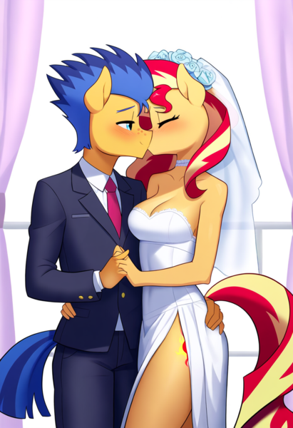 Size: 832x1216 | Tagged: safe, ai content, derpibooru import, machine learning generated, prompter:siren-module, flash sentry, sunset shimmer, anthro, female, flashimmer, image, male, marriage, png, shipping, straight, wedding