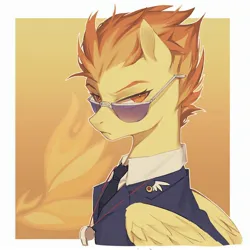 Size: 2480x2480 | Tagged: safe, artist:qi55413072, derpibooru import, spitfire, pegasus, pony, g4, bowtie, bust, clothes, collared shirt, cutie mark background, female, glasses, gradient background, image, jpeg, looking at you, mare, necktie, orange background, out of frame, outline, passepartout, pin, portrait, shirt, simple background, solo, spitfire's tie, uniform, whistle, white background, white outline, wonderbolts dress uniform