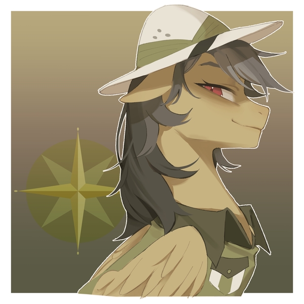 Size: 2480x2480 | Tagged: safe, artist:qi55413072, derpibooru import, daring do, pegasus, pony, g4, aside glance, brown background, bust, clothes, collared shirt, cutie mark background, explorer outfit, female, gradient background, hat, image, jpeg, looking at you, mare, out of frame, outline, passepartout, portrait, shirt, sideways glance, simple background, solo, white outline