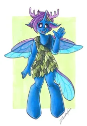 Size: 800x1153 | Tagged: safe, derpibooru import, oc, anthro, changedling, changeling, unguligrade anthro, anthro oc, antlers, blue changeling, blushing, changedling oc, changeling oc, changeling wings, clothes, fangs, image, jpeg, laurel wreath, looking at you, purple changeling, purple eyes, purple mane, shell, shy, smiling, sparkles, sparkly wings, toga, waving, waving at you, wings