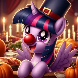 Size: 1024x1024 | Tagged: safe, ai content, derpibooru import, machine learning generated, prompter:heydude5321, twilight sparkle, twilight sparkle (alicorn), alicorn, pony, g4, candle, clown, clown nose, female, generator:bing image creator, generator:dall-e 3, hat, holiday, horn, image, jpeg, mare, pumpkin, red nose, solo, thanksgiving, wings