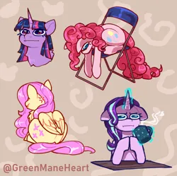 Size: 2646x2634 | Tagged: safe, artist:greenmaneheart, derpibooru import, fluttershy, pinkie pie, starlight glimmer, twilight sparkle, g4, :i, chair, chocolate, drink, empathy cocoa, food, glow, glowing horn, hooves together, horn, hot chocolate, i mean i see, image, magic, png, signature, slouching, telekinesis