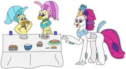 Size: 2919x1617 | Tagged: safe, artist:supahdonarudo, derpibooru import, ocean flow, princess skystar, queen novo, classical hippogriff, hippogriff, g4, my little pony: the movie, corn, cup, food, hippogriff ocean flow, image, mashed potatoes, pie, plate, png, potato, redraw, simple background, table, transparent background