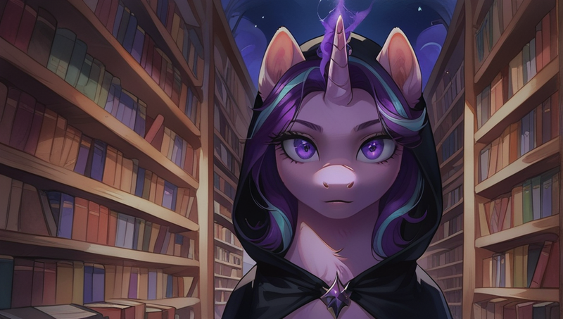 Size: 904x512 | Tagged: safe, ai content, derpibooru import, machine learning generated, prompter:ilham470, starlight glimmer, pony, unicorn, g4, horn, image, library, png