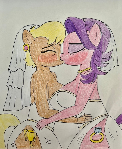 Size: 2832x3444 | Tagged: suggestive, artist:robloxplayer1984, derpibooru import, ms. harshwhinny, spoiled rich, anthro, earth pony, pony, g4, big breasts, breasts, bride, busty ms. harshwhinny, busty spoiled rich, clothes, dress, female, image, jpeg, lesbian, lesbian wedding, side slit, wedding dress