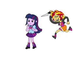 Size: 1060x838 | Tagged: safe, artist:cheesesauce_45, derpibooru import, sunset shimmer, twilight sparkle, human, equestria girls, g4, duo, duo female, evil grin, female, grin, image, imminent stabbing, knife, png, running, simple background, smiling, white background