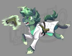 Size: 1873x1463 | Tagged: safe, artist:hallowraith, derpibooru import, oc, oc:stitches (sireland), unofficial characters only, unicorn, fallout equestria, fallout equestria oc, fallout equestria: sireland, freckles, green fur, green mane, gun, handgun, holster, horn, image, medic, pistol, png, solo, unicorn oc, weapon