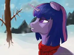 Size: 2400x1800 | Tagged: safe, artist:waspking, derpibooru import, twilight sparkle, pony, unicorn, g4, bobcut, clothes, cloud, horn, image, mountain, mountain range, png, scarf, scenery, short hair, smiling, smirk, snow, solo, tree