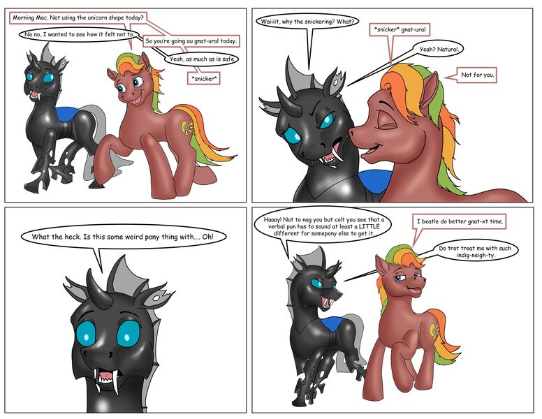 Size: 2464x1904 | Tagged: safe, artist:termyotter, derpibooru import, oc, oc:macrophage, oc:spectrum gear, changeling, earth pony, pony, image, jpeg, pun