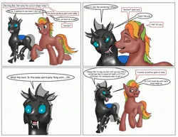 Size: 2464x1904 | Tagged: safe, artist:termyotter, derpibooru import, oc, oc:macrophage, oc:spectrum gear, changeling, earth pony, pony, image, jpeg, pun