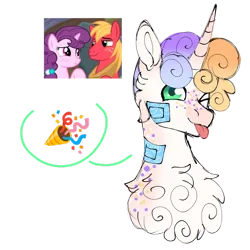 Size: 1280x1278 | Tagged: safe, artist:malinraf1615, derpibooru import, big macintosh, sugar belle, oc, pony, unicorn, bandaid, bust, female, horn, image, male, offspring, one eye closed, parent:big macintosh, parent:sugar belle, parents:sugarmac, png, portrait, shipping, simple background, straight, sugarmac, transparent background, wink